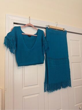 bebe Teal Knit Fringe Two-Piece Set